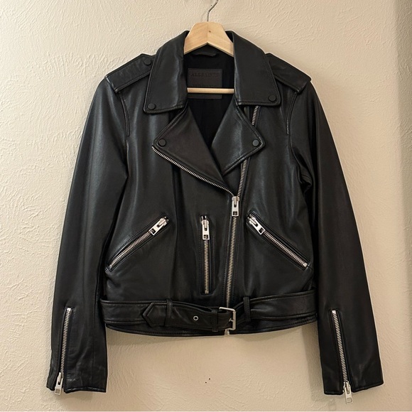 AllSaints Balfern Belted Hem Leather Biker Jacket - Picture 12 of 13